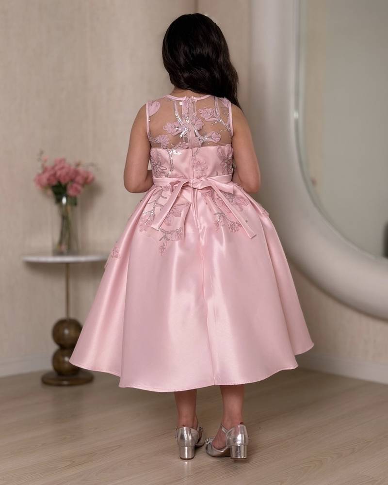 Pink girls' dress adorned with luxurious floral embroidery