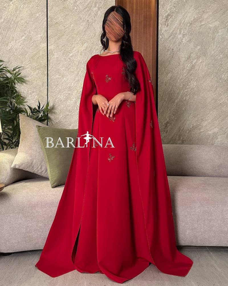 Royal red dress with long draped cape