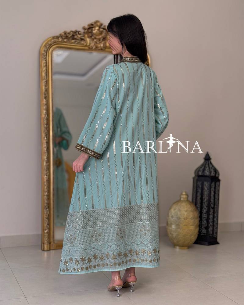 Turquoise jalabiya with shimmering gold embroidery
