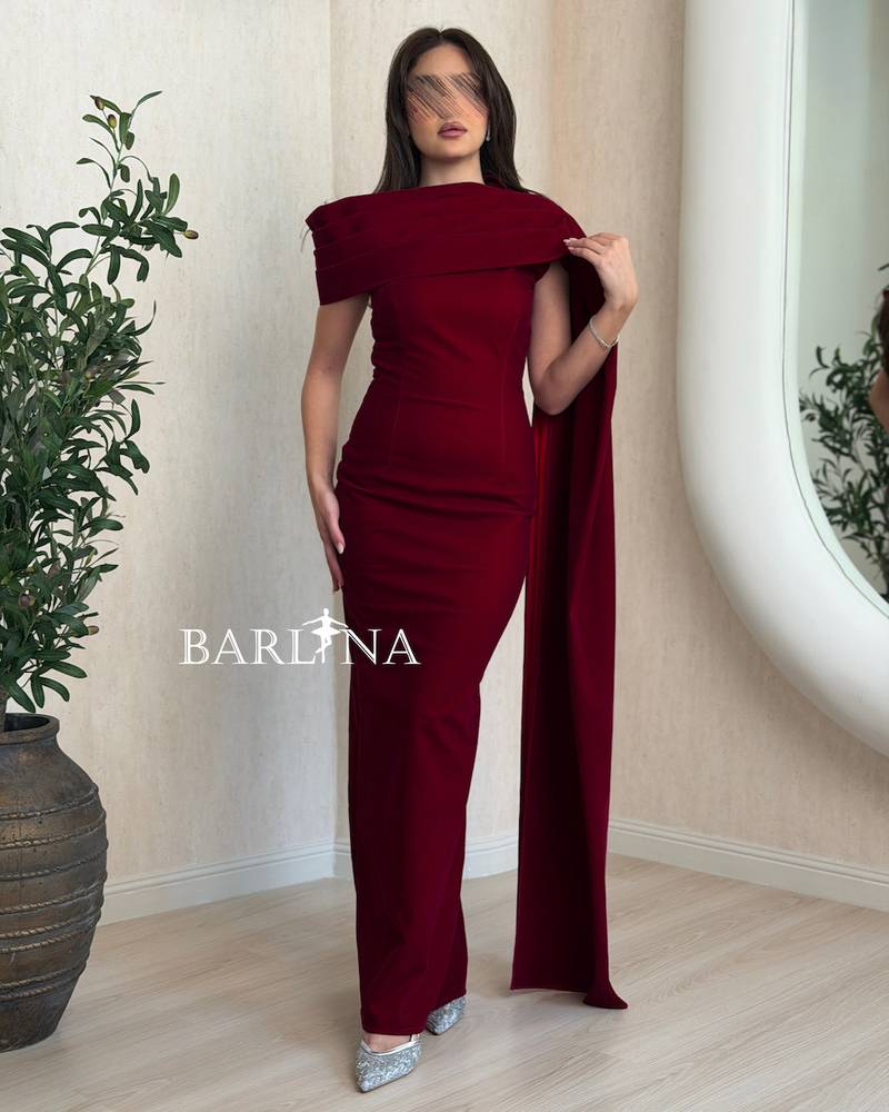 Elegant burgundy dress with a straight cut and a side shawl