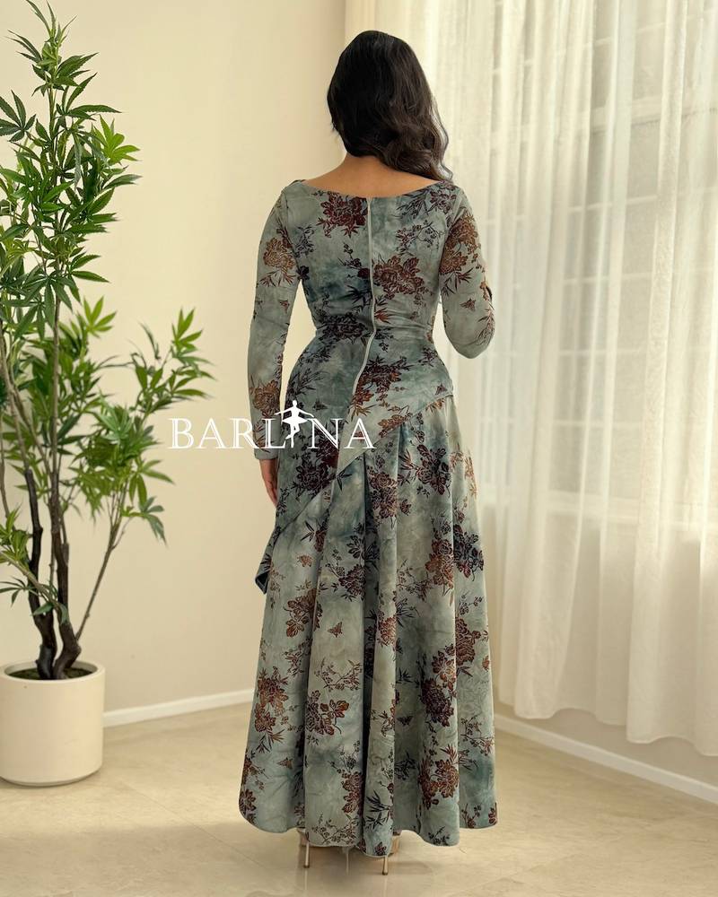 Green dress with a brown floral pattern