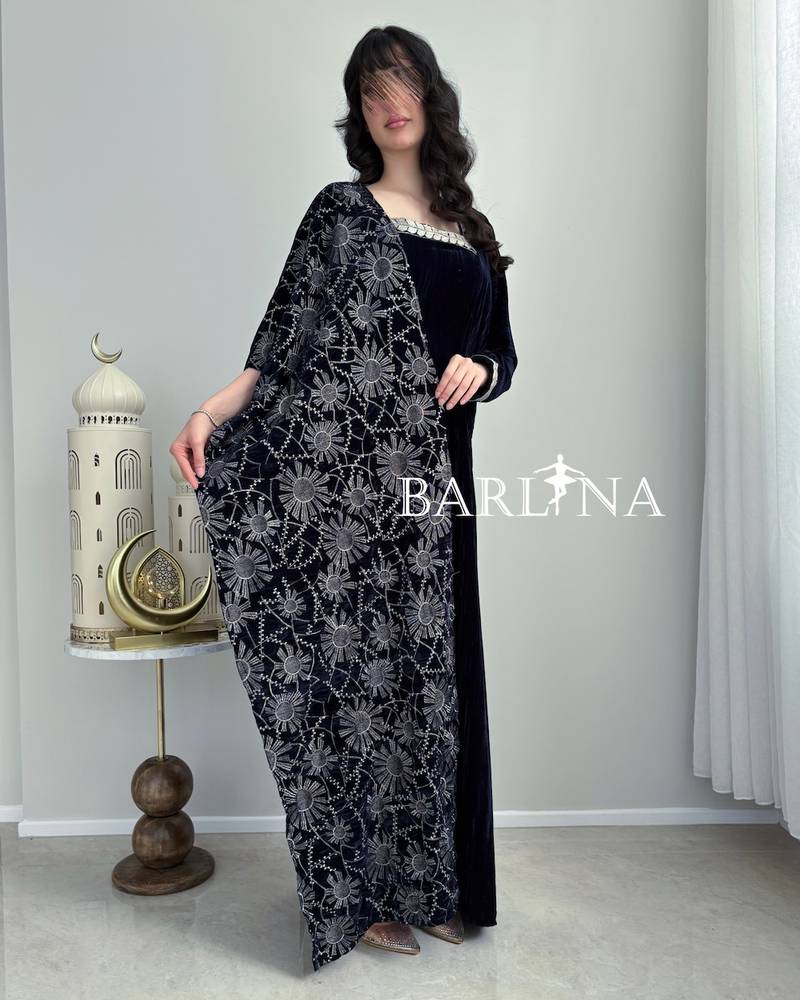 Navy blue velvet jalabiya with elegant embroidery