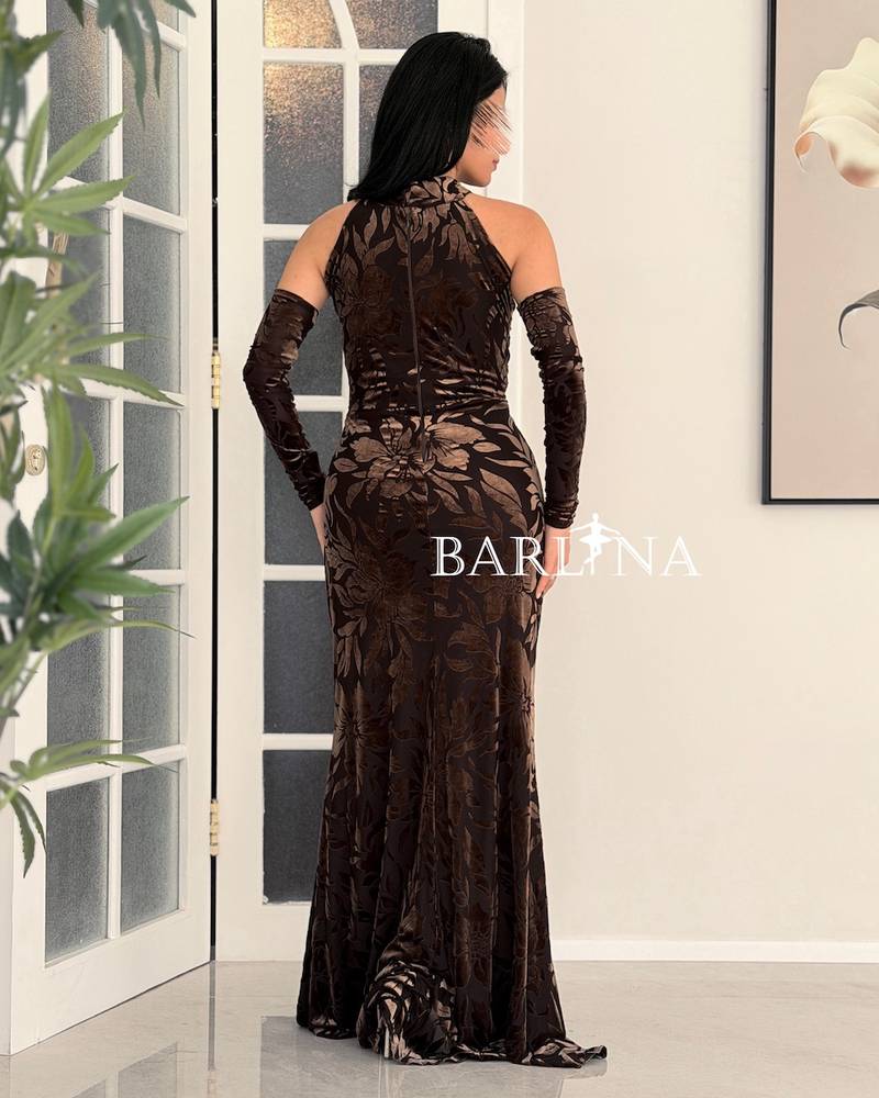 Brown velvet floral halter dress