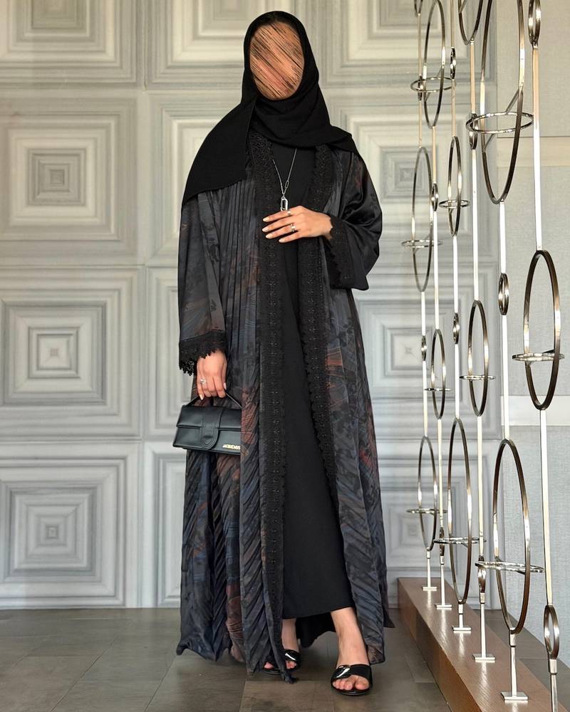 Black floral abaya with lace trim