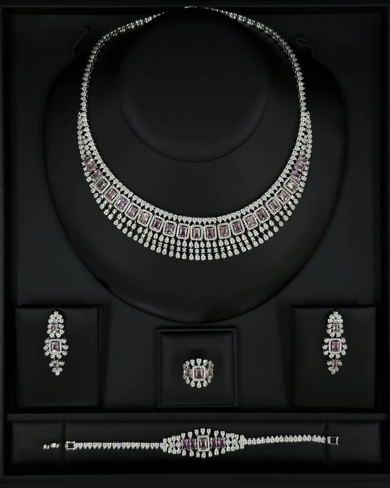 Evening accessory set studded with pink stones