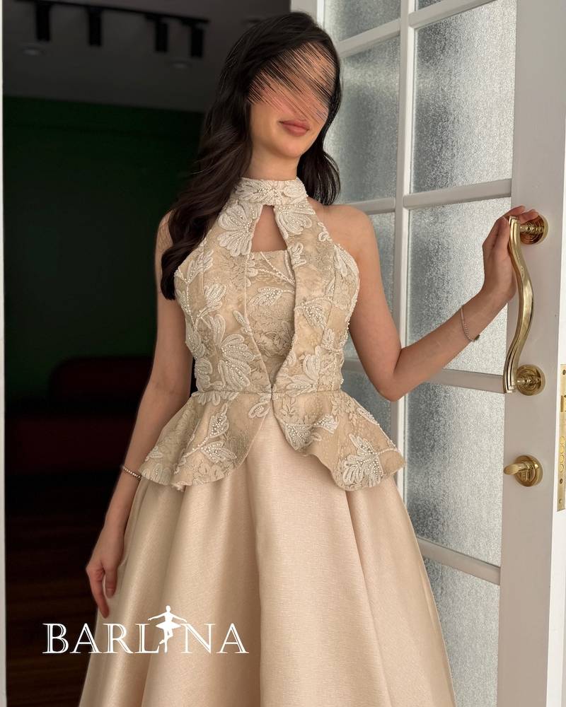 Beige high neck peplum dress