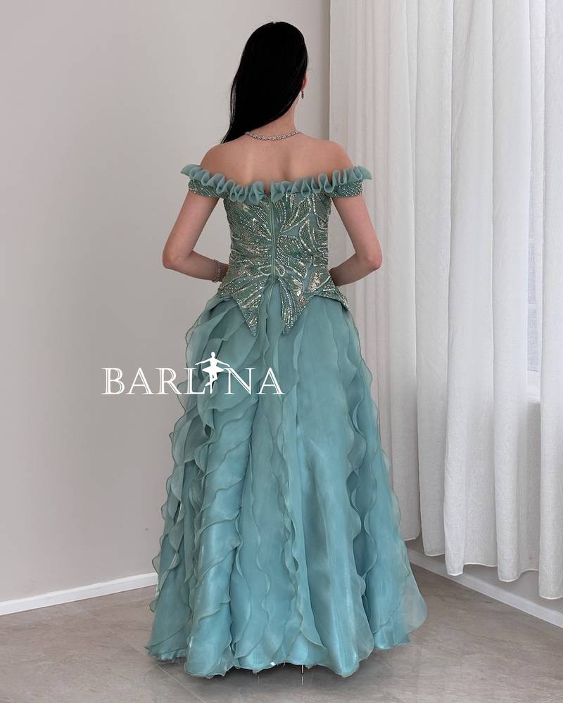 Tiffany long evening dress with wavy layers