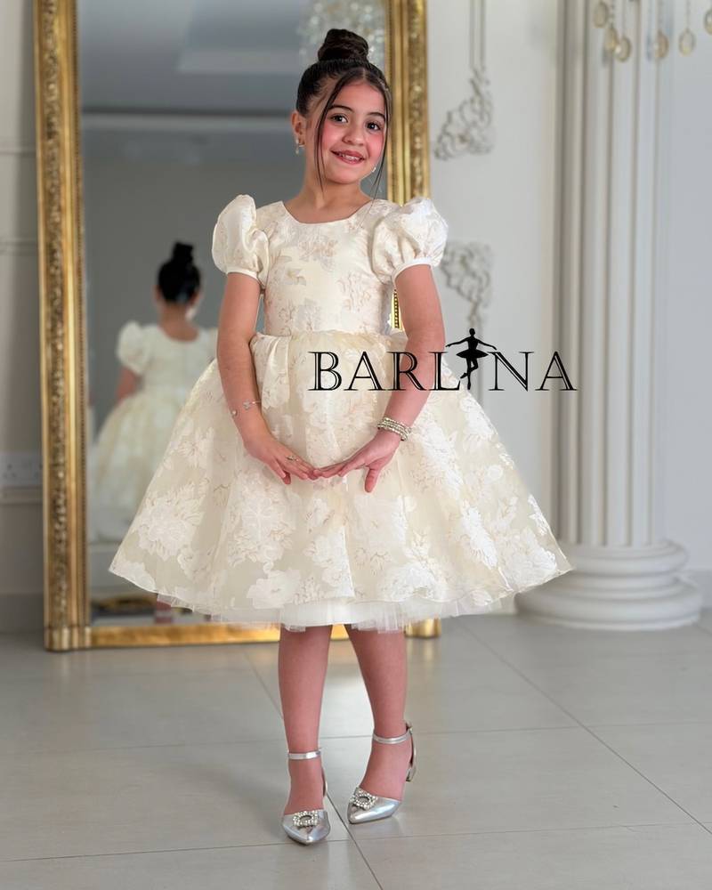A puffy, off-white girl's dress with a floral print