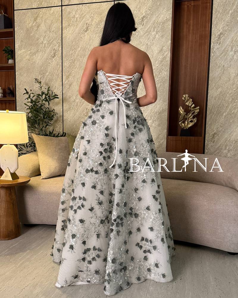 White evening dress with scattered gray flowers