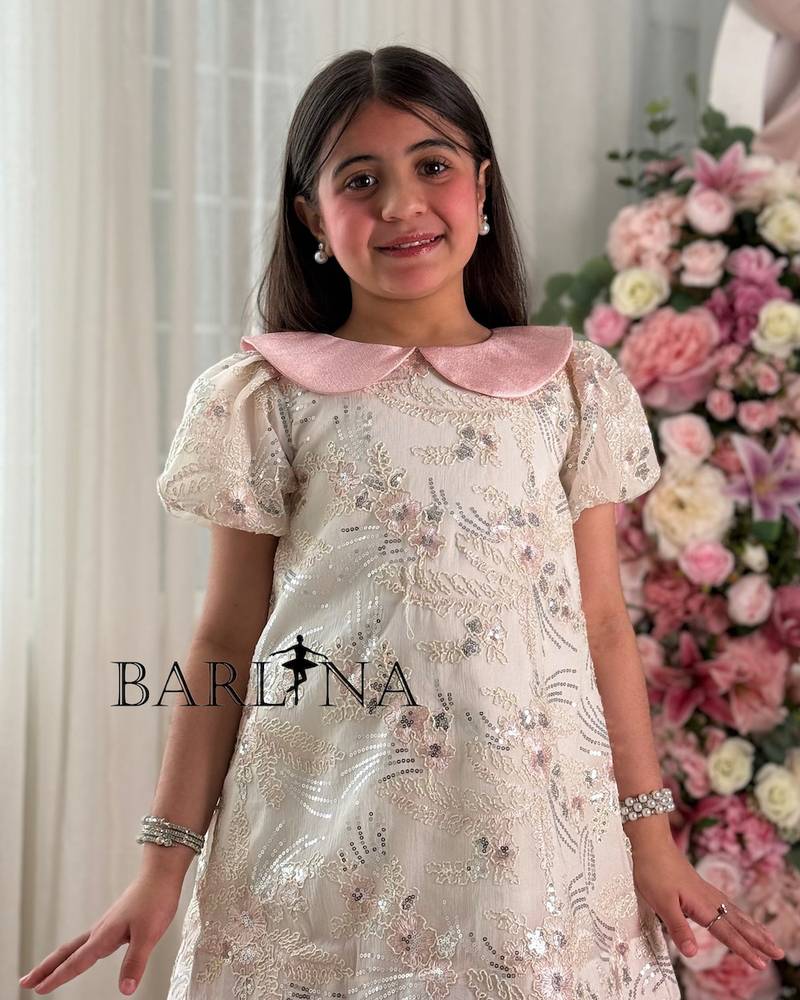A girl's dress with elegant embroidery and a soft pink collar.