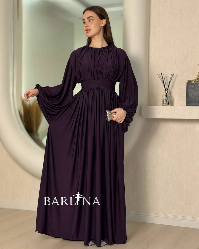 Dark purple ruched dress with wide sleeves
