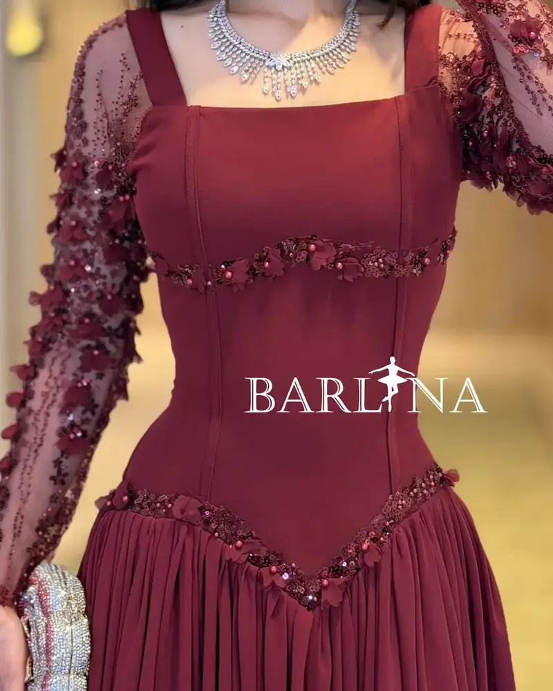 Burgundy dress with embroidered sheer sleeves