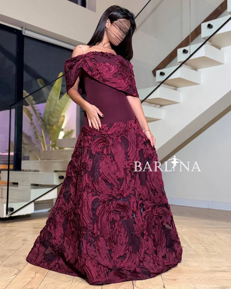 Burgundy dress with prominent embroidery and off-the-shoulder