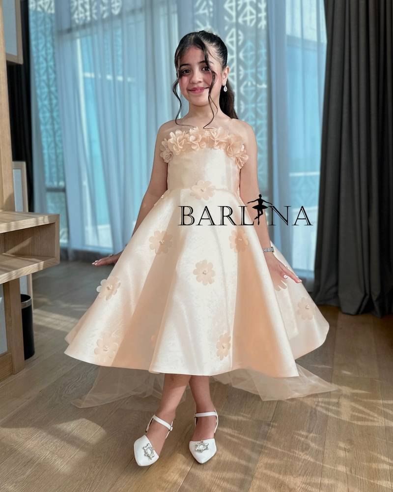 Girls' off-shoulder melon-colored evening dress