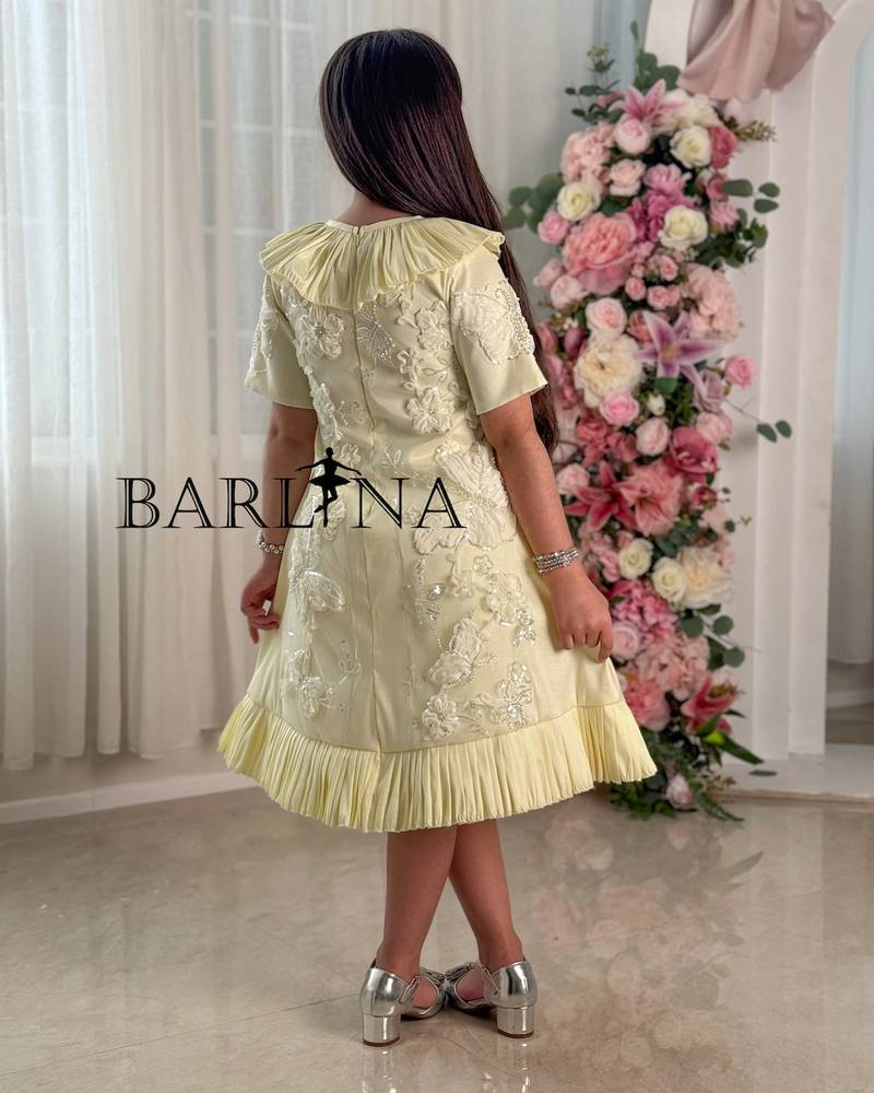 Yellow girls' dress with ruffles and delicate embroidery