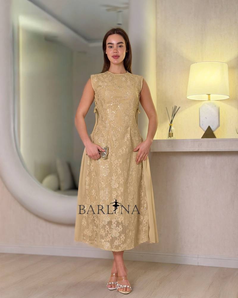 Dark beige lace dress with side tie