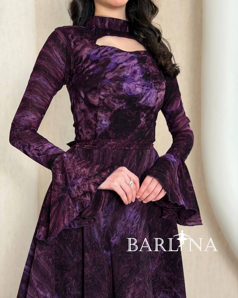 Purple dress with long sleeves and a plunging neckline