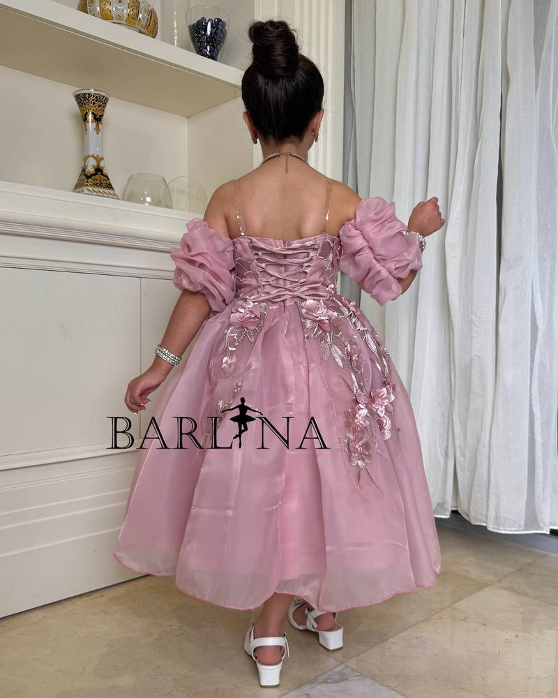 Girls' pink fluffy dress with triple embroidery