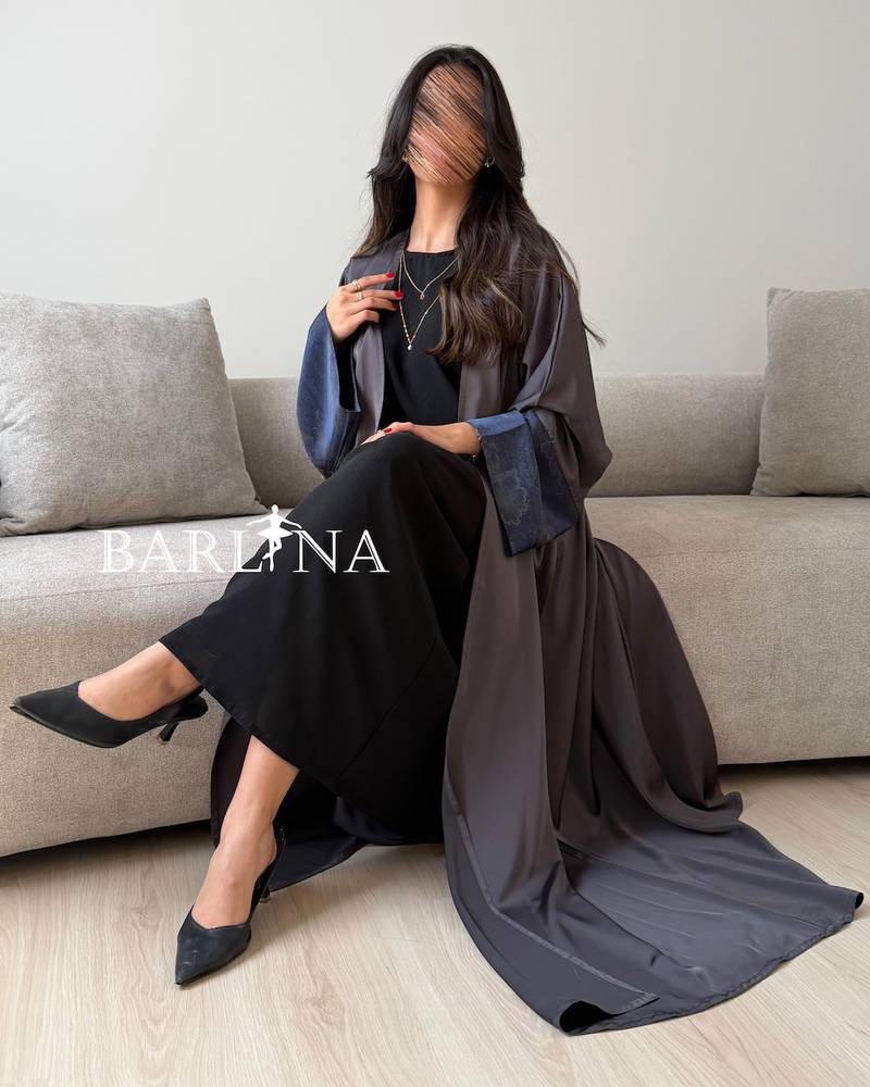 Gray open abaya with blue sleeves