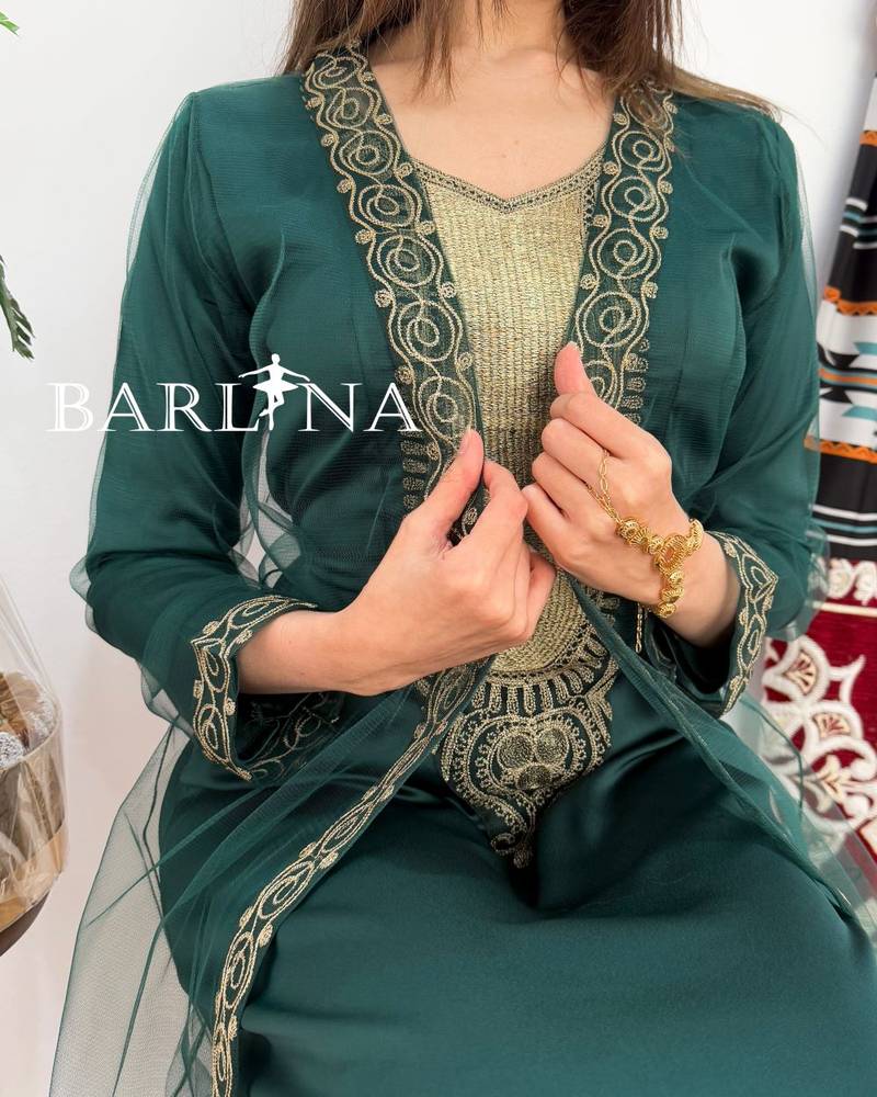 Elegant green jalabiya with gold embroidery