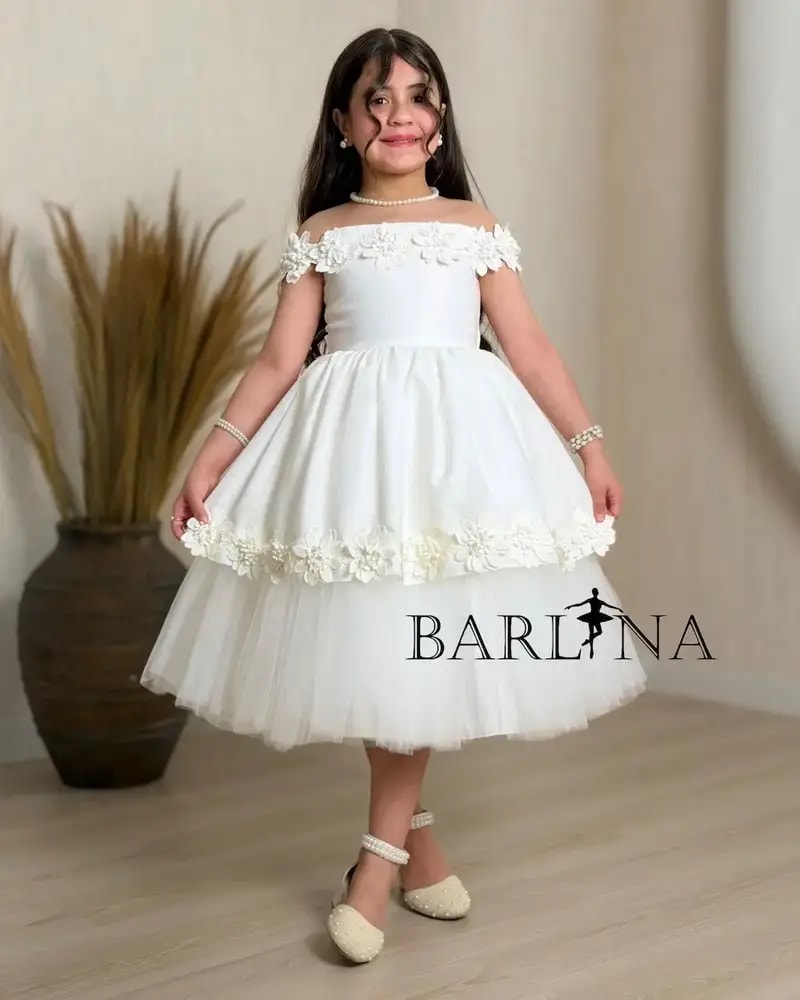 Girly off-white off-shoulder evening dress