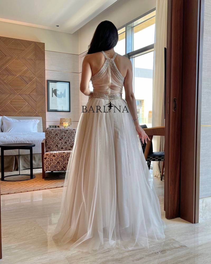 Long embroidered tulle dress