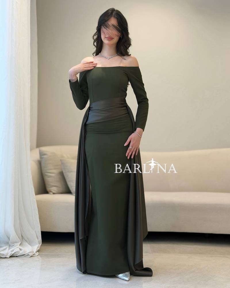 off-shoulder olive dress with side trains