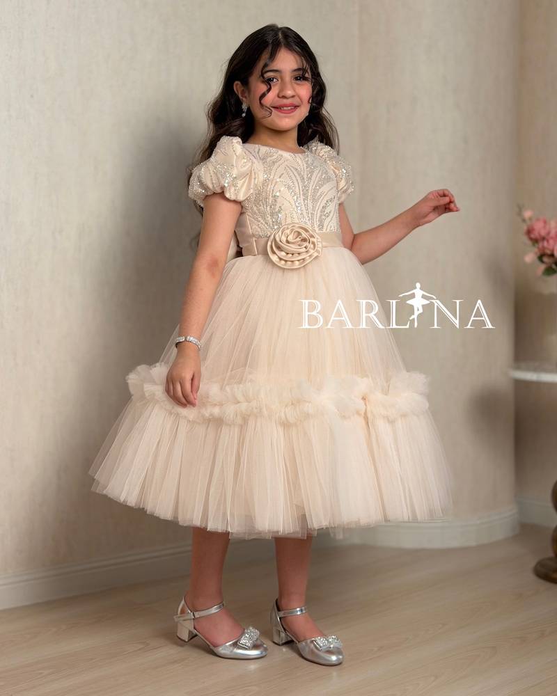Beige tulle girls’ dress with embellished top