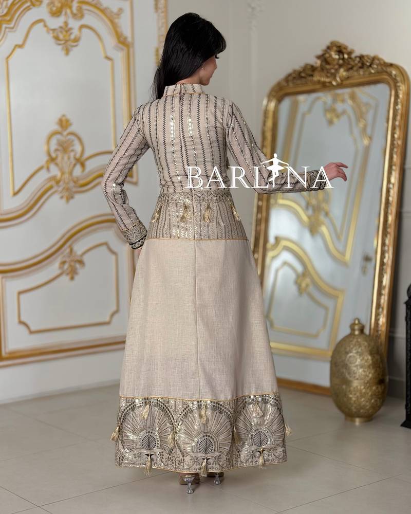 Luxurious beige jalabiya with gold embroidery