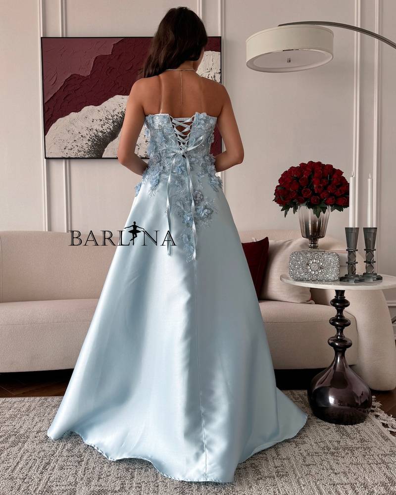 Sky blue long off shoulder evening dress