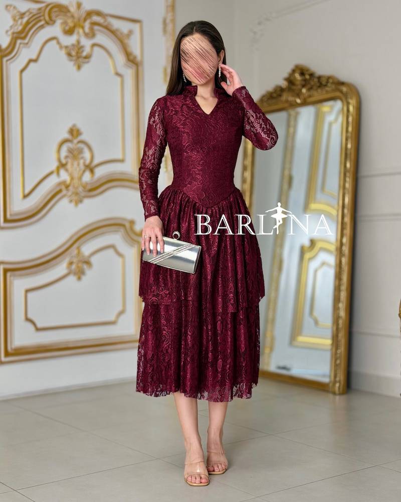 Burgundy lace dress with mandarin collar