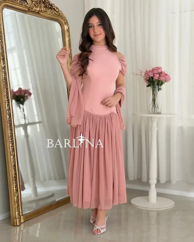 Pink halter dress with off-shoulder sleeves