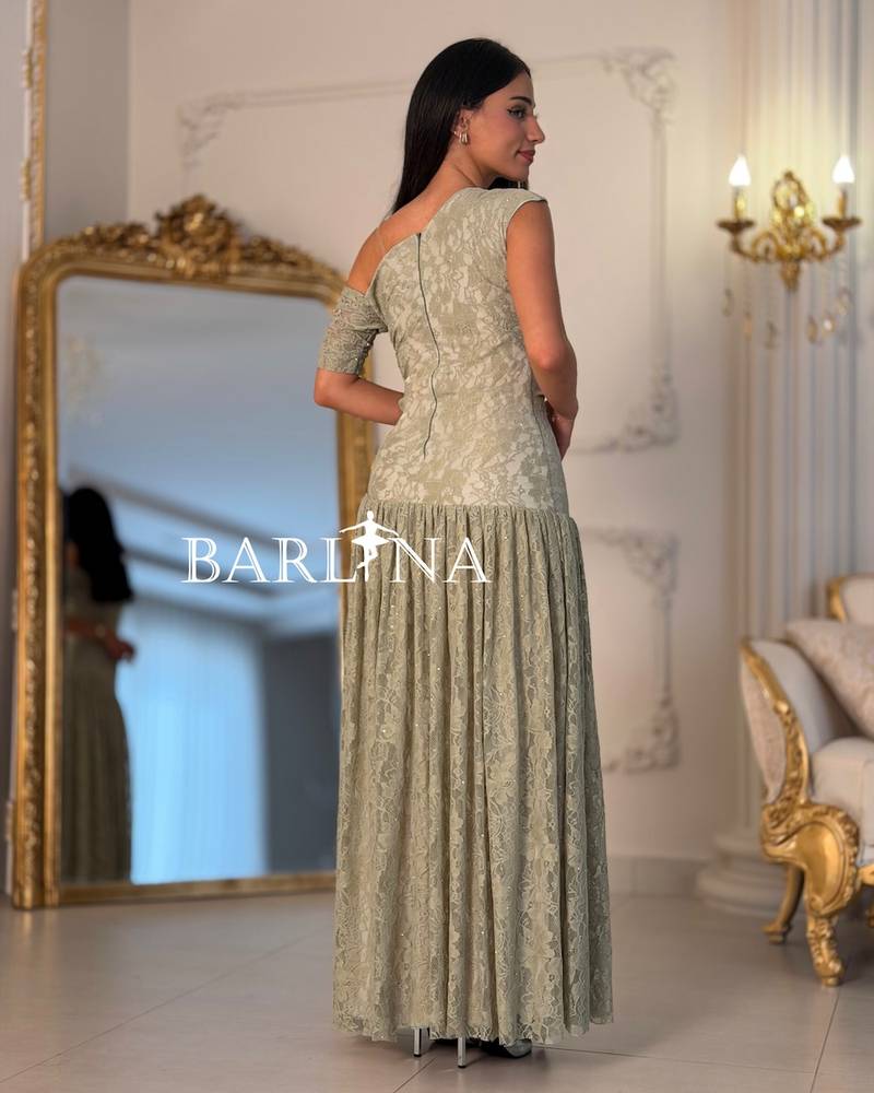Gray lace long one-shoulder dress