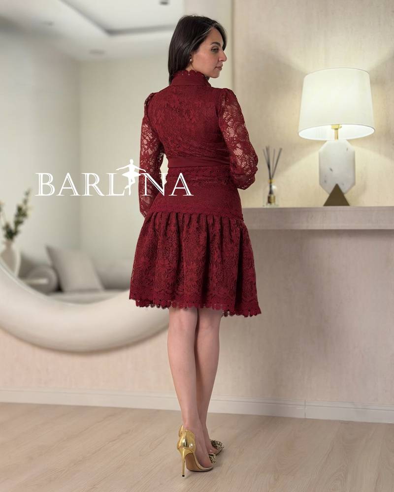 Short burgundy lace dress with subtle ruffles