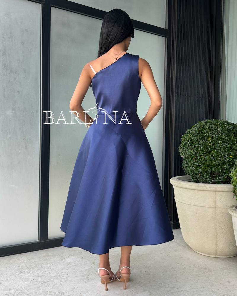 Elegant navy blue dress with one shoulder design