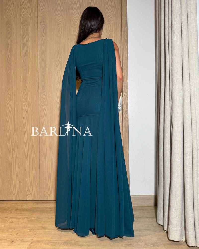Petrol dress with a draped back cape