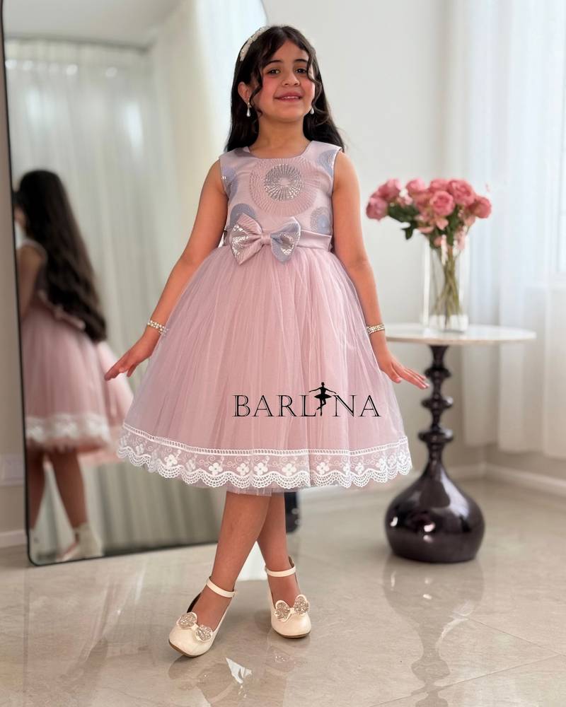 Pink jacquard dress for girls with lace trim