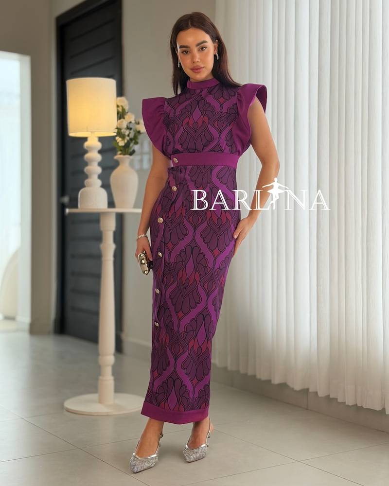 Purple dress with prominent ruffled sleeves