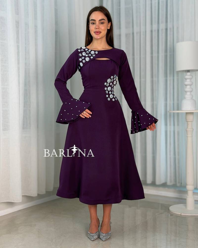 Dark purple two-piece dress with bell sleeves