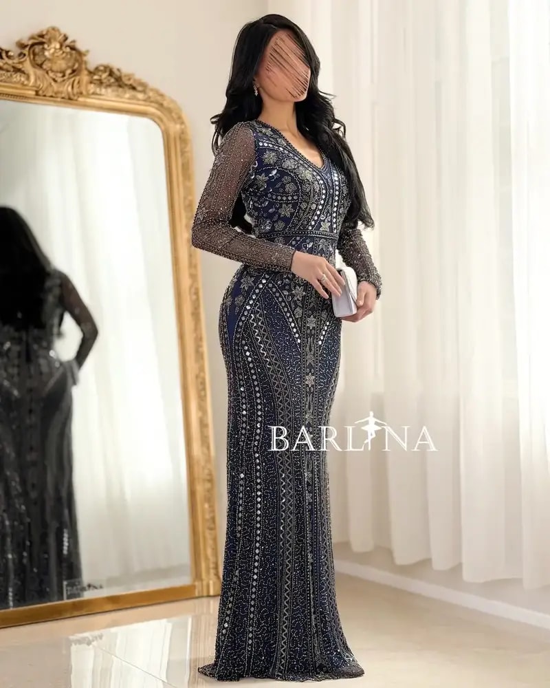 Luxurious navy blue evening dress with beadwork