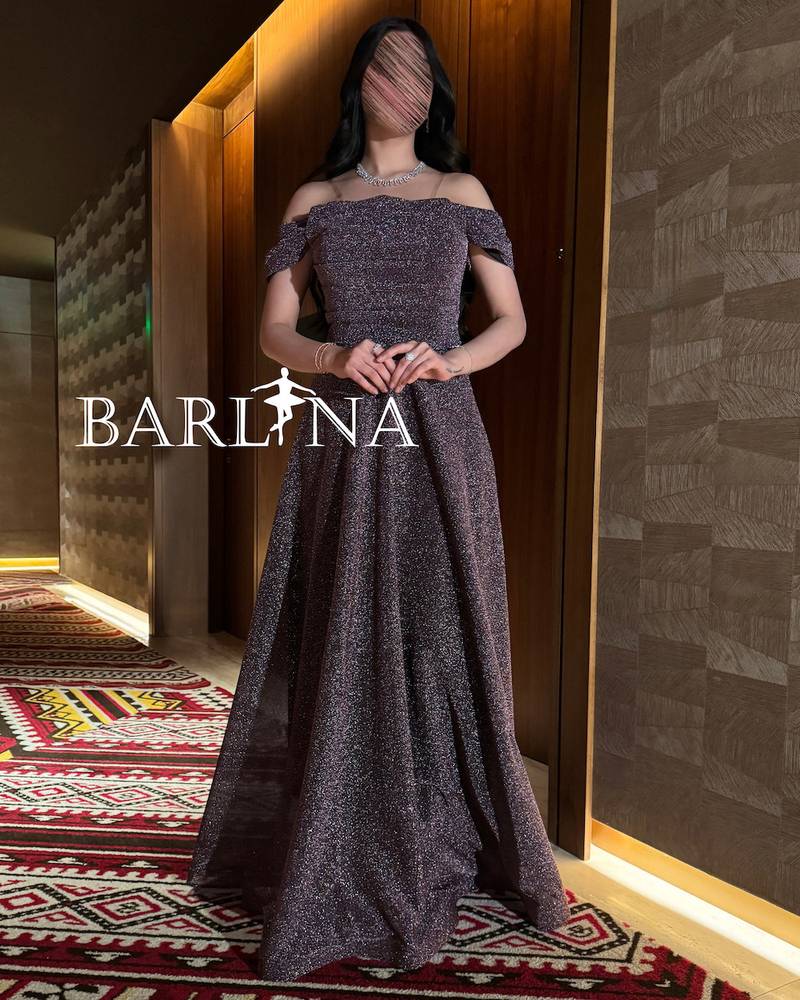 Purple off-shoulder dress with luxurious sheen