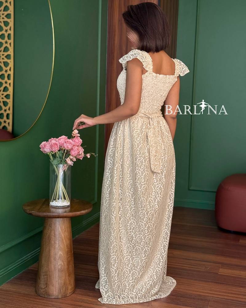 Beige lace dress with a gathered bodice