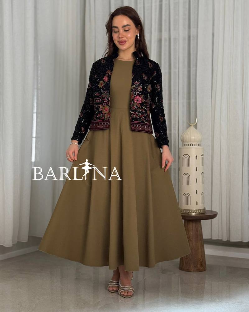 Elegant olive green jalabiya with an embroidered jacket