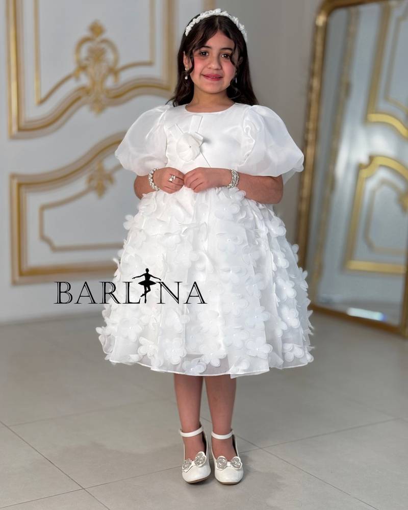 Girls' white evening dress with balloon sleeves