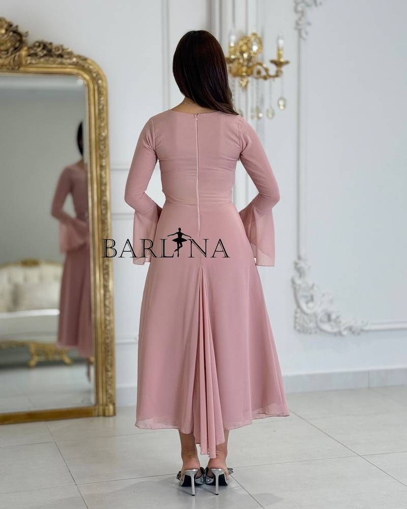 Pink midi dress with soft bell sleeves