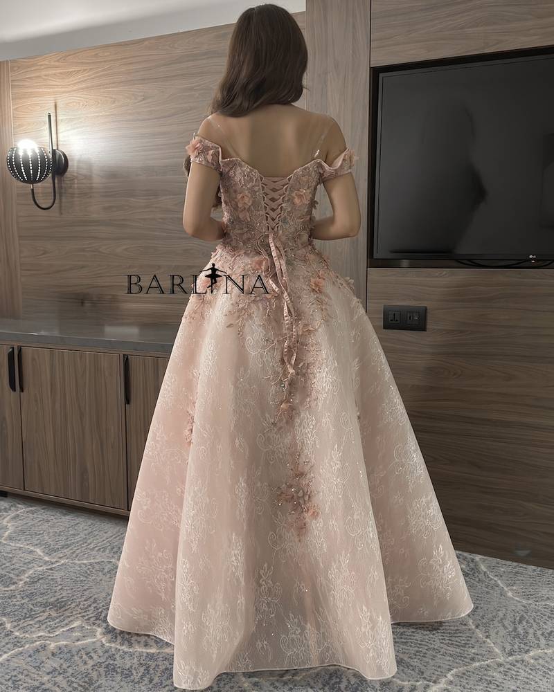 Pink lace evening dress with soft flowers