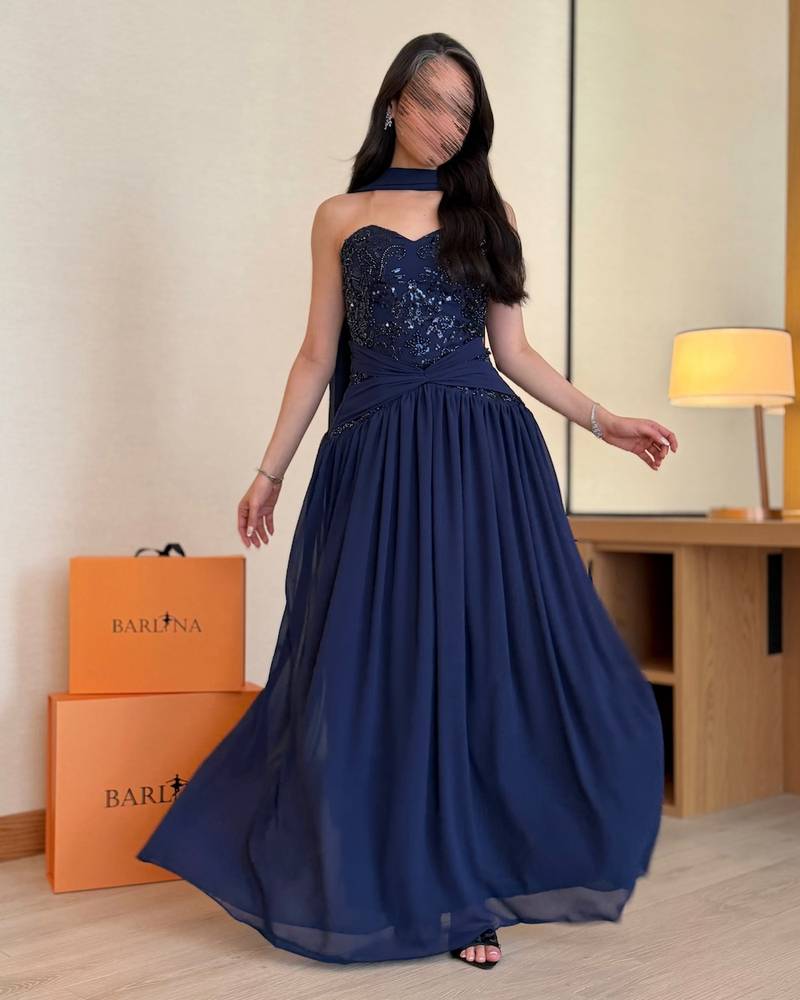 Navy Embroidered Evening Dress with Shawl