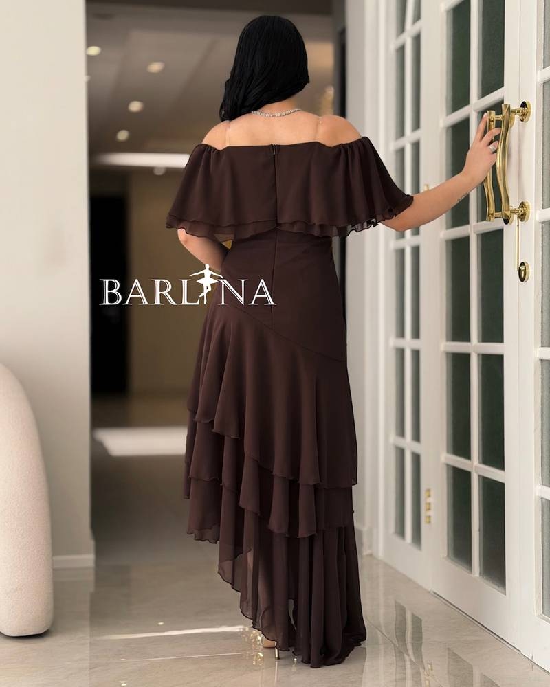 Soft brown off-shoulder dress with chiffon layers
