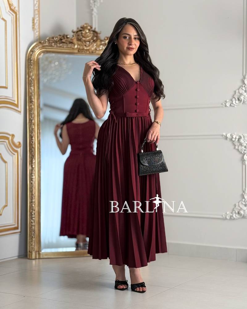 Burgundy pleated dress with front buttons