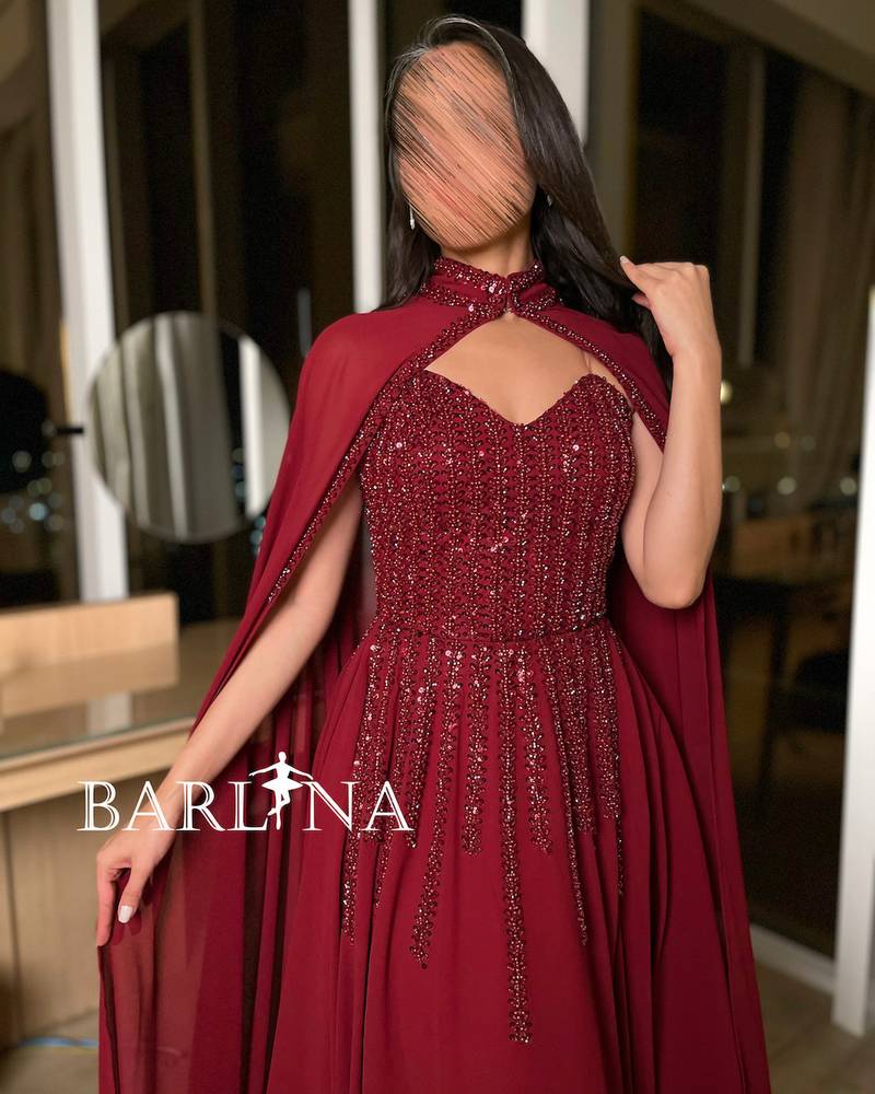 Burgundy dress with shiny top embroidery